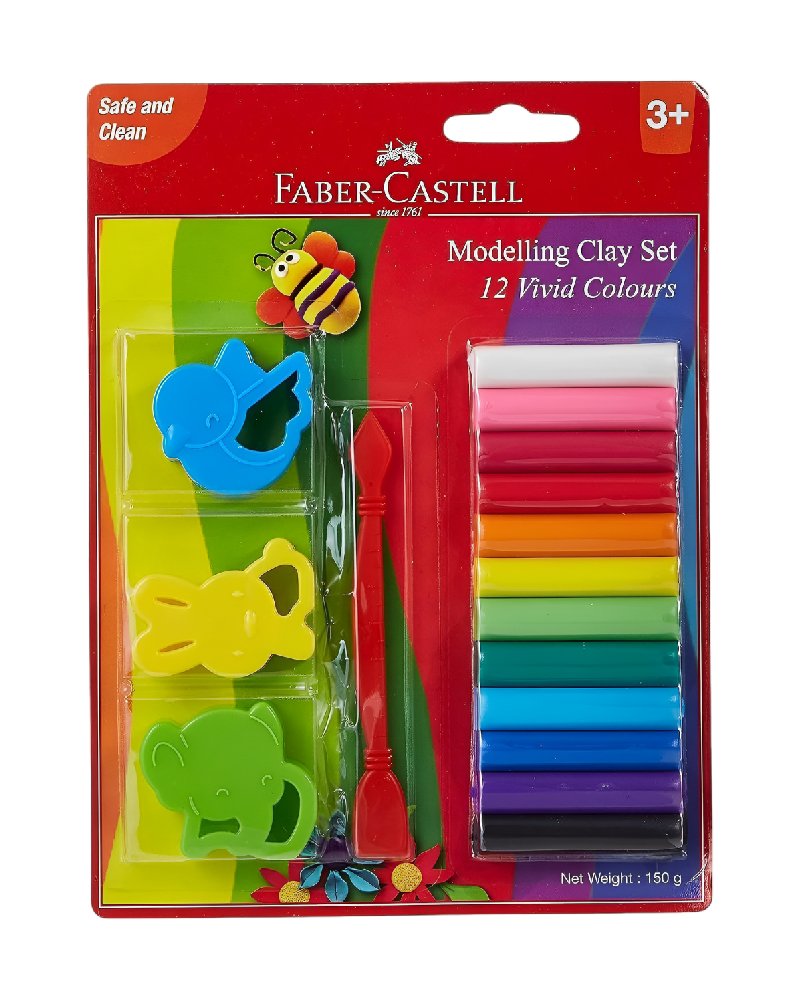 Faber-Castell Modelling Clay Set of 12 Colours 150g Blister Pack with Toy Moulds